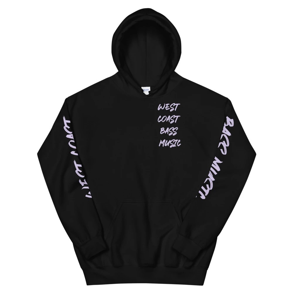 West Coast Bass Music unisex hoodie, sizes S-5XL, colors Black Pink & Baby Blue